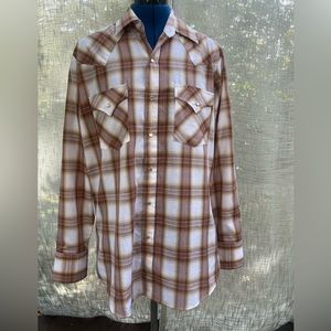 Ely Cattleman pearl snap brown white western plaid long sleeve collared shirt